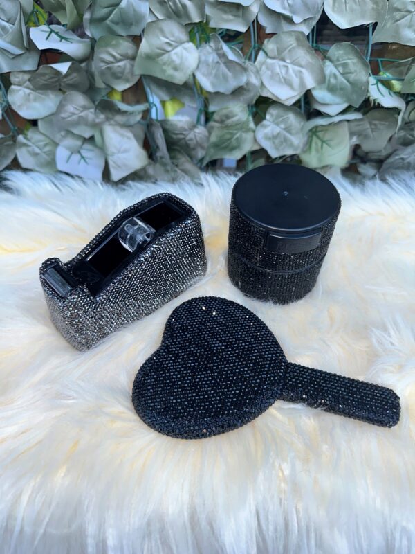 Black Diamante Tape Cutter, Air Tight Container & Heart Mirror Bundle