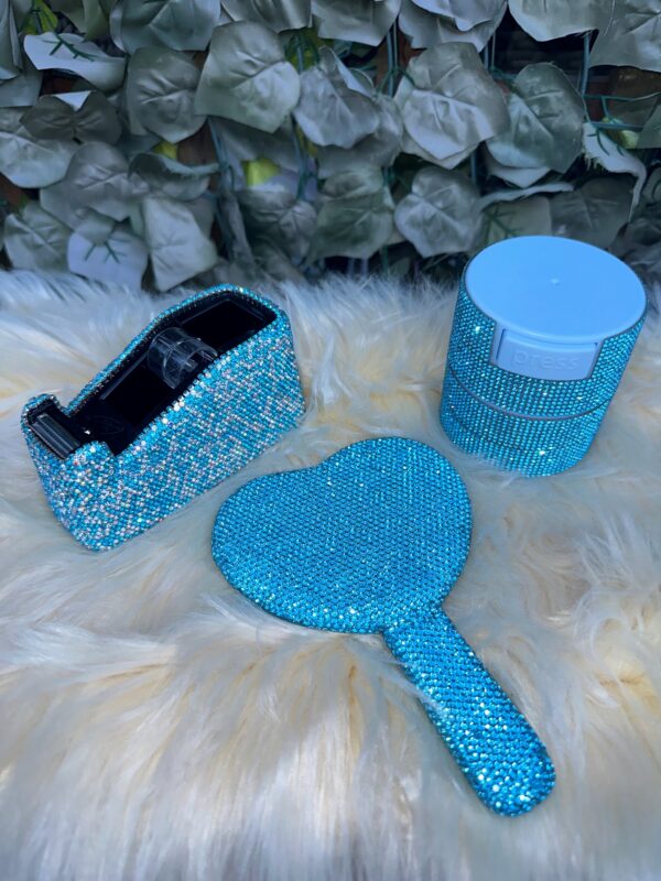 Blue Diamante Tape Cutter, Air Tight Container & Heart Mirror Bundle